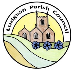 image of the parish council crest, figurative picture of Ludgvan Church with amenome flowers in the foreground